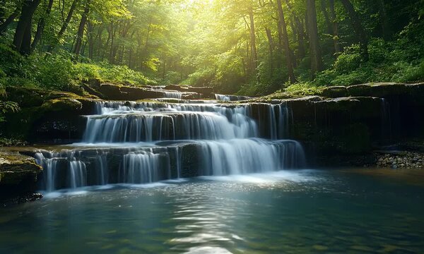 A serene forest waterfall cascades gently into a pool surrounded by lush greenery and sunlight filtering through trees.