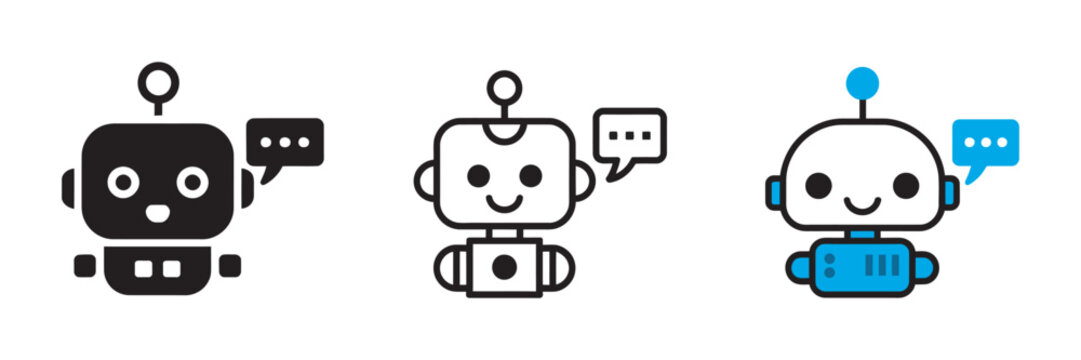 Chatbot assistant icon set, AI robot virtual assistant customer support messaging chat bubble conversation help service bot line flat vector
