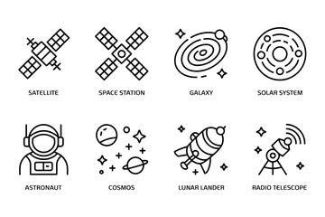 Space Exploration Icons Set: Satellite, Space Station, Galaxy, Solar System, Astronaut, Lunar Lander Vector Illustration © Betto