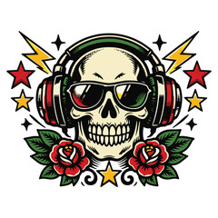 Fototapeta premium Old School Tattoo Skull with Headphones and Roses Vector