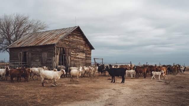 Rustic Wooden Barn with Herd of Cattle on Open Pasture in Overcast Sky
