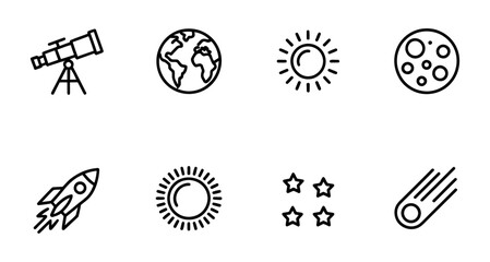 Space Icons: Telescope, Earth, Sun, Moon, Rocket, Stars & Comet - Flat Vector Illustration © Betto