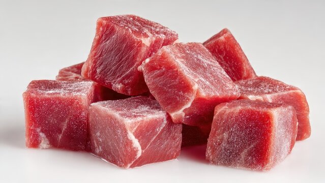 Frozen Red Meat Cubes on White Surface for Cooking and Food Preparation