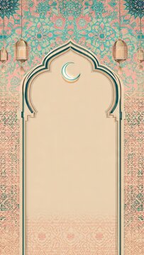 Decorative Islamic Arch with Intricate Tile Patterns and Hanging Lanterns in Soft Pastel Colors