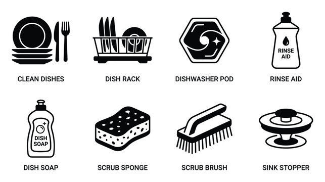 Dishwashing tools and supplies clean dishes dish rack dishwasher pod rinse aid dish soap sponge.