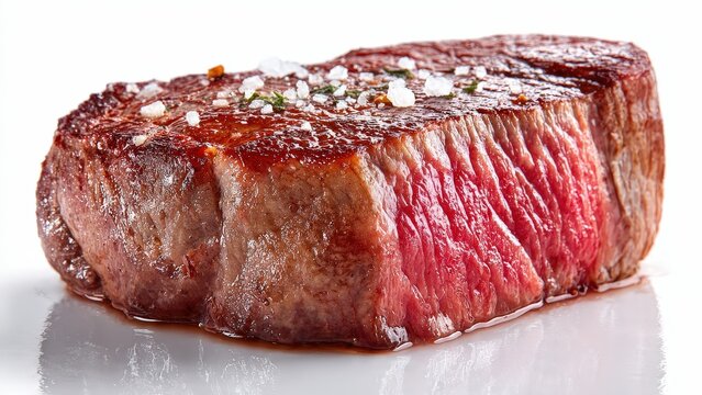 Juicy Medium Rare Steak with Salt and Herbs on White Surface