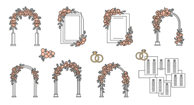 A romantic hand-drawn floral arch with peach roses, perfect for wedding invitations, event planning, and greeting card designs.