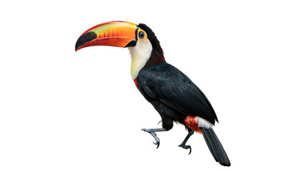 Fototapeta premium Exotic wild toucan bird with a large colorful beak and black feathers sitting on a branch isolated on transparent background