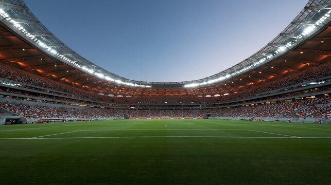 Estadio de f&uacute;tbol preparado para una final al atardecer
