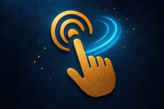 Gold touch gesture symbolizing digital interaction. Emphasizes intuitive user interfaces and seamless technology engagement.