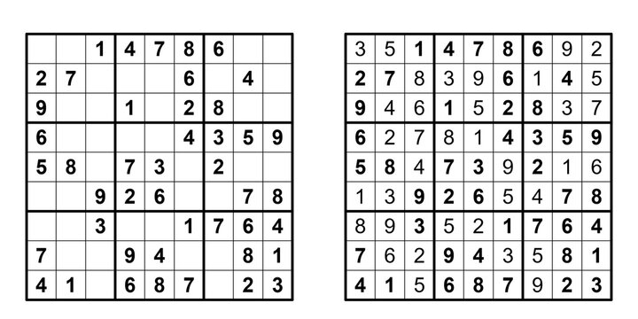 Sudoku-R&auml;tsel leichtes Level mit L&ouml;sung, einfaches Zahlenr&auml;tsel f&uuml;r Anf&auml;nger, Logikspiel
