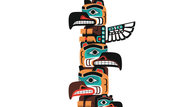 Traditional native american totem pole featuring stylized eagle and spirit animal carvings in colorful tribal design.