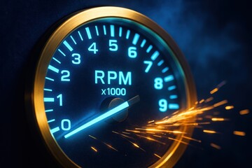 Fototapeta premium Tachometer with sparks, symbolizing high RPM and engine power, relevant to automotive performance and speed dynamics.