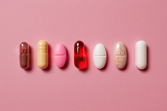 Different colored  pills and capsules on pink color  background. Various white pills on rose colored background