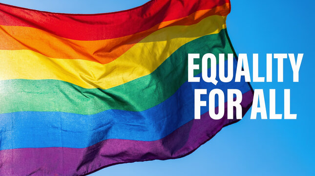 Web banner EQUALITY FOR ALL. Colorful rainbow pride flag waving in clear blue sky. Pride month. LGBT equality, LGBTQ plus diversity. Symbolism of concept love is love.