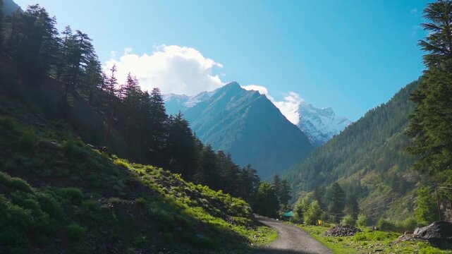Landscape shot of rural dirt road in the scenic Himalayas during the summer season as seen near Tindi village in Lahaul and Spiti district, Himachal Pradesh, India. Natural background.