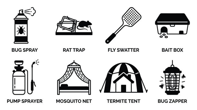 Insect pest control and extermination tools collection vector flat icons set clean house garden.