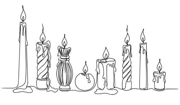 Continuous line candles set melting wax flame minimal vector