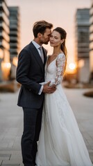 Naklejka premium A beautiful couple stands close together, sharing a tender moment as the sun sets behind them. The warm glow highlights their joy on this special day, surrounded by contemporary architecture