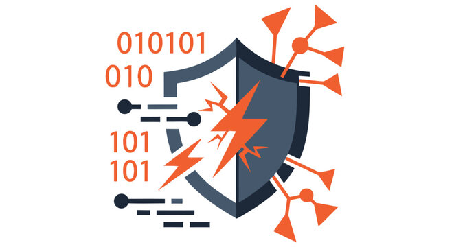 Cybersecurity illustration depicting a shield under attack with digital binary code