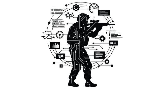 Silhouette of a soldier integrated with digital circuitry and technological elements