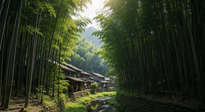 Bamboo forest village landscape