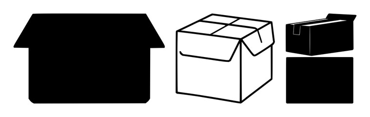 Obraz premium Delivery box parcel icon set with solid black fill and minimalistic design featuring shipping, package, cardboard with goods and commerce