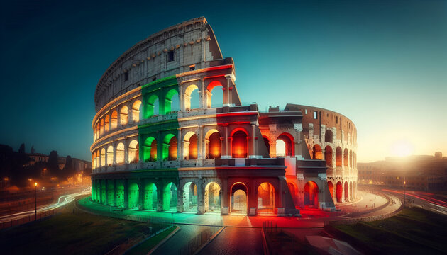 Colosseum in Rome illuminated with Italian flag colors at sunset iconic landmark glowing architecture travel destination Italy heritage