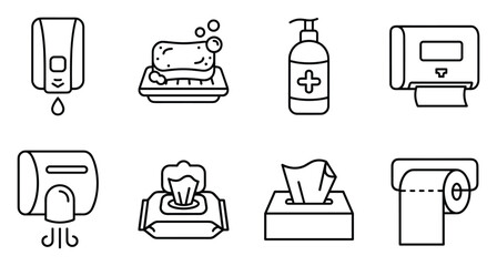 Fototapeta premium Personal hygiene and sanitation items icons dispenser soap bottle dispenser wet wipes tissue box hand dryer.