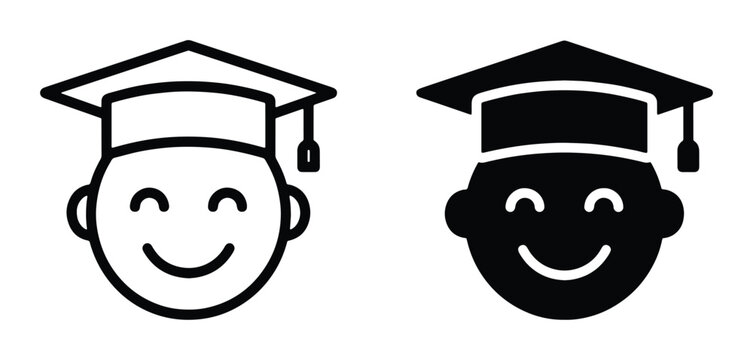 vector graduation caps with smiling faces in black and white outline style