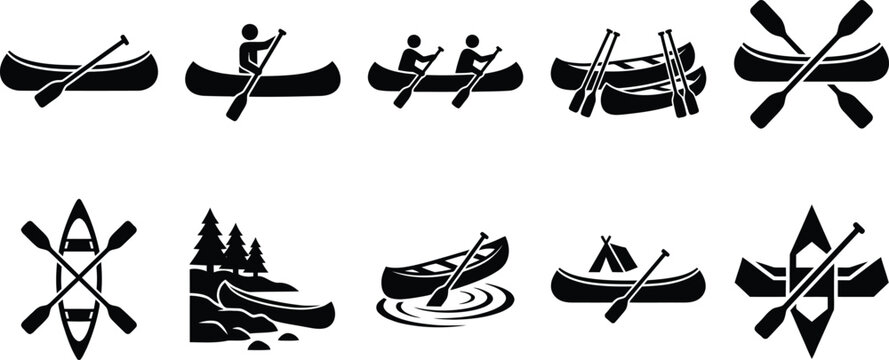 Canoe icon vector black silhouette boat with paddle isolated on white 10 vector