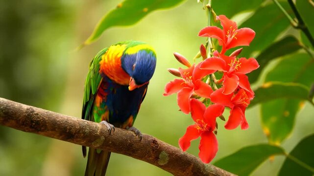 Colorful parrot interacts with bright red flowers while perched on branch. Surrounded by lush greenery, this tropical scene captures nature's beauty
