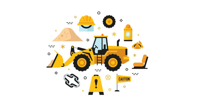Flat Vector Construction Site Illustration with Yellow Loader, Hard Hat, and Safety Equipment