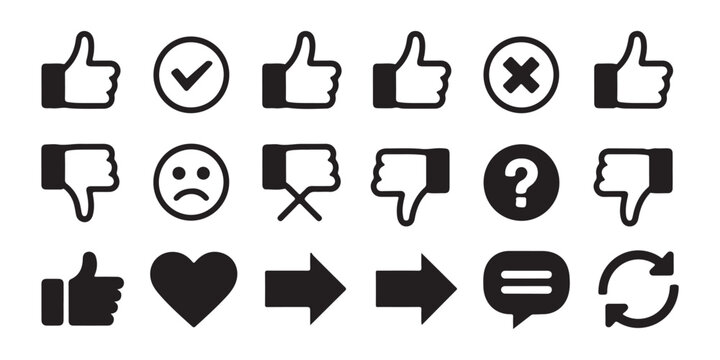 Social media icons, likes and dislikes, check mark, cross, question mark, heart, arrows, chat bubble and refresh symbols.