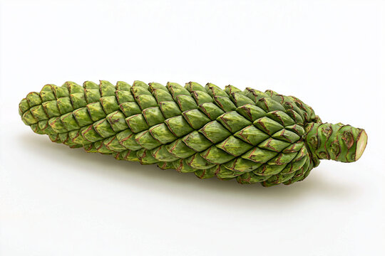 Detailed macro photograph of a fresh green pine cone featuring an intricate scale pattern and natural texture, isolated on a white background, perfect for botanical illustrations and nature themes.