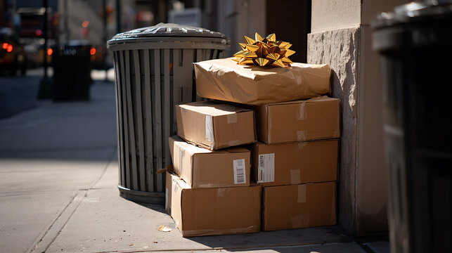 Abandoned cardboard packages with a gift bow on a city street sidewalk next to a public trash can, suggesting discarded deliveries or forgotten items