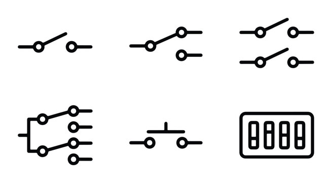 Electrical Switch Icons, Circuit Symbols, Toggle and Push Button Vector Graphics, Technology and Engineering Design Elements