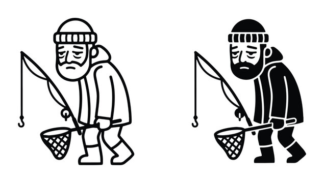 black and white vector fishing man silhouettes set on white background