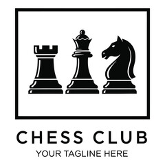 Chess club logo with rook queen and knight pieces  strategy game symbol icon © Sajid