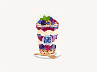Mixed Berry Yogurt Parfait with Granola and Fresh Blueberries in Plastic Cup Illustration © Akasha Design