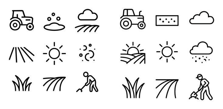 Agriculture icons with tractor field grass outline