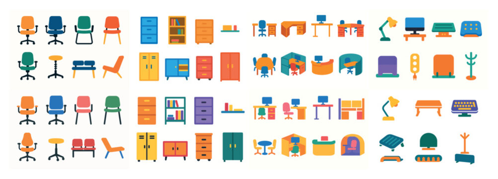 Office icons with chair desk cabinet colorful