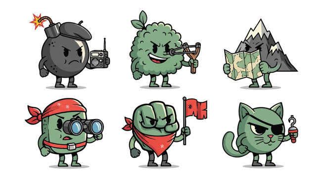 Cartoon characters set bomb bush mountain binoculars fist and cat
