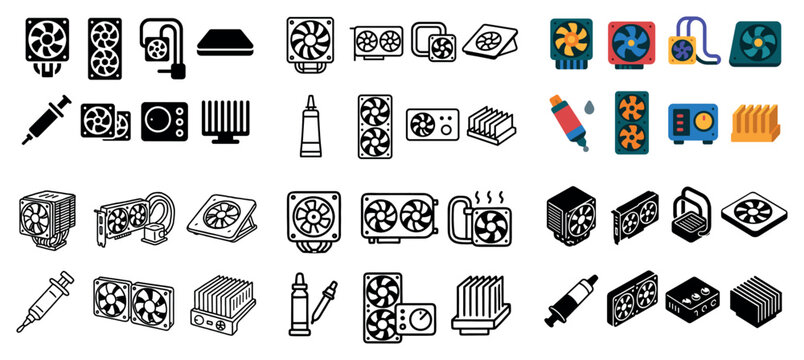 Computer cooling icons with fan heatsink thermal flat