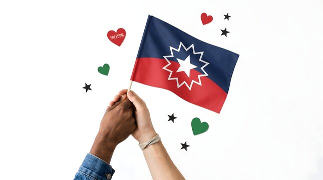 Hands holding juneteenth flag with heart and star shapes representing liberty and freedom.