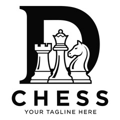 Chess logo design with letter D and chess pieces  rook queen knight icon © Sajid