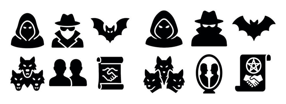 Halloween icons with hood spy bat silhouette