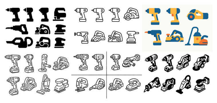 Workshop icons with drill sander saw outline
