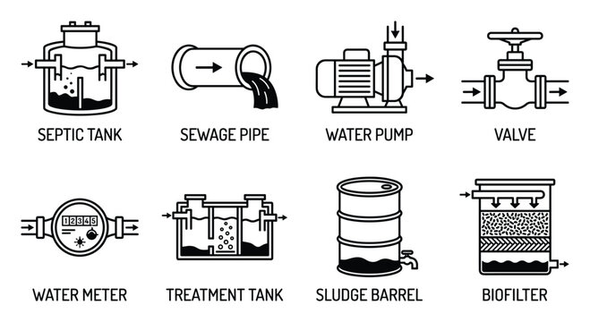 Water and sewage system icons including septic tank pump valve and water meter for utility services.
