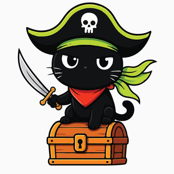 Cute black kitten dressed as a pirate holding a sharp silver sword while sitting on top of wooden treasure chest